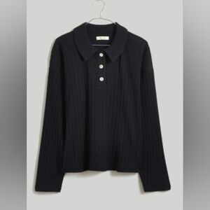 NWOT Madewell Variegated Rib Boxy Polo Shirt In True Black Women's Size Small.